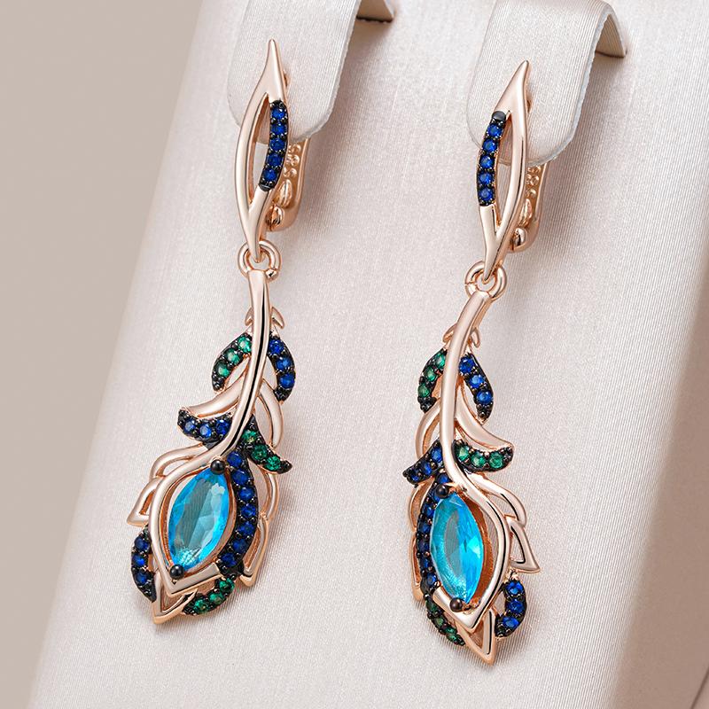 Blue Natural Zircon Flower Long Drop Earrings For Women  Rose Gold And Black Plating Vintage Party Daily Jewelry