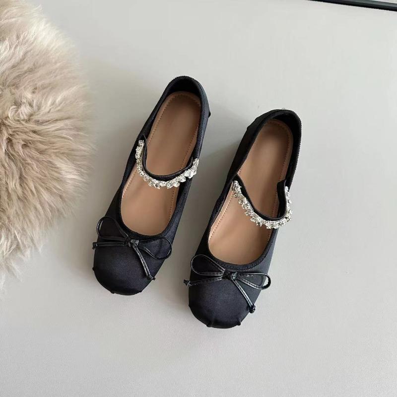 2025 New Diamond Belt Increase 4 Cm ~ Satin Bow Small Round Head One-line Drill with Shallow Mouth Ballet Single Shoes for Women