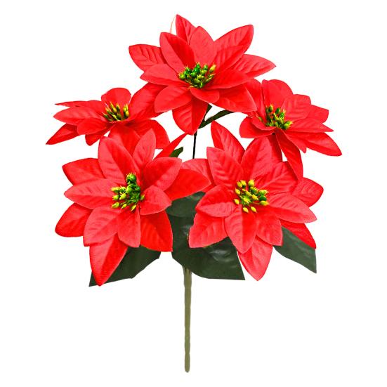 Artificial Poinsettia Flowers Faux Red Christmas Fake Bouquet 5 Head Poinsettia Bush Floral