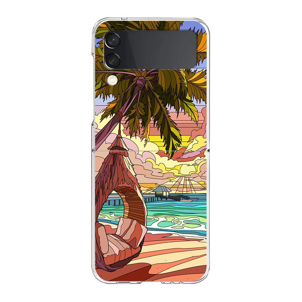 Phone Cover For Samsung Galaxy Z Flip 7 6 5 4 Case Transparent For Samsung Z Flip 3 Hard PC Foldable Sunset Coconut Tree Pattern