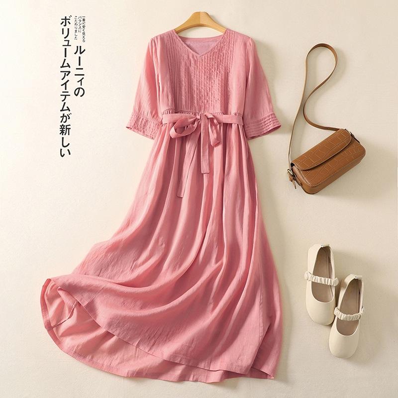 

Лето 2025 новое однотонное хлопково-льняное платье средней длины для детей, свежее платье на шнуровке на талии с V-образным вырезом и короткими рукавами M