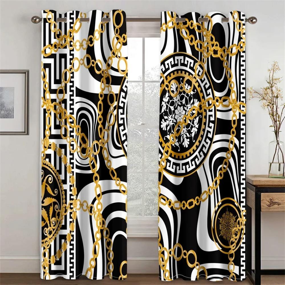 Cheap Modern Luxury Brand Black Gold 2Pieces Polyester Darkening Shading Window Curtain for Living Room Bedroom Home Decor Hook