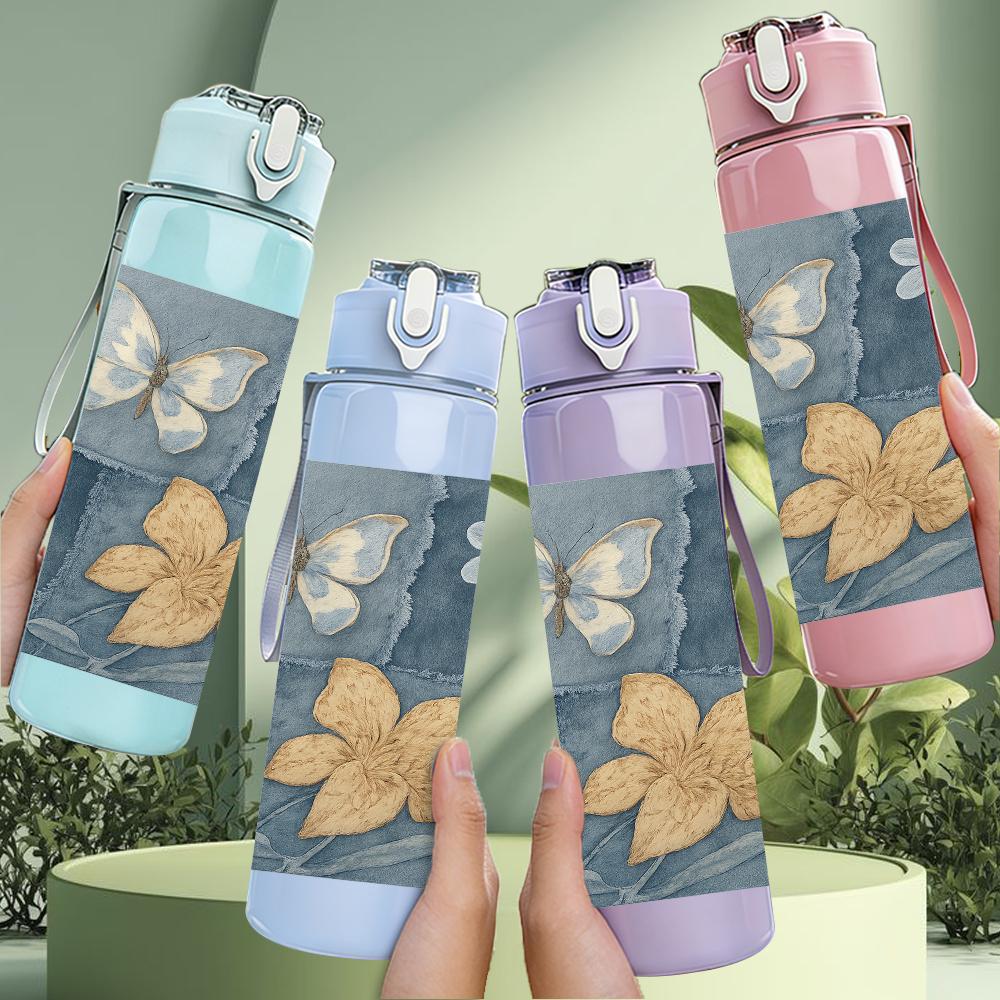 1PC Blue Floral Butterfly Group 750ml Color Plastic Sports Water Bottle Leakproof Flip Straw Lid For Sports Office Home Use