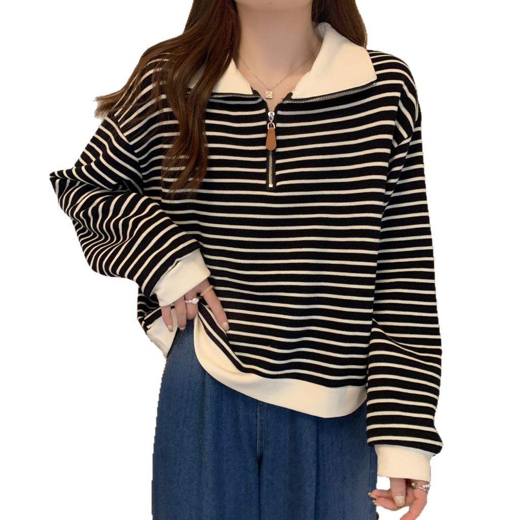 Black Striped Polo Neck Front Shoulder Sweater Women's Autumn New Loose Half Zipper Casual Style