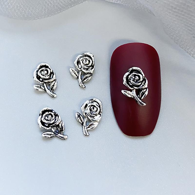 10Pcs 3D Rose Nail Art Ornament Alloy Nail Art Charms Diy Craft For Nail Decoration Silver Retro Flower Nail Charm Jewelry Salon