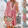 Beach Dress Geometric Print Tassel Women V Neck 3/4 Sleeve Dress for Vacation