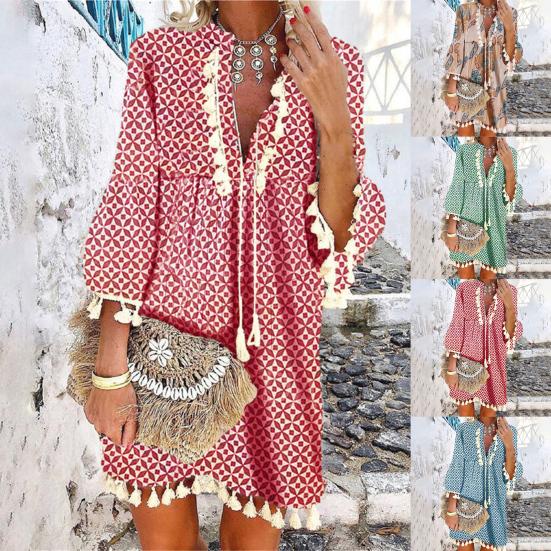 Beach Dress Geometric Print Tassel Women V Neck 3/4 Sleeve Dress for Vacation