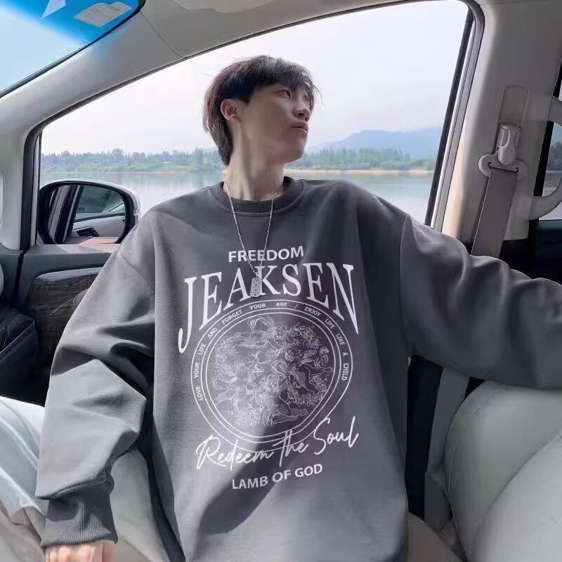 Men s Retro American Round Neck Hoodie - Autumn/Winter Casual Loose Fit XL