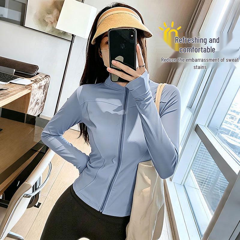 Women's Quick-Dry Stand Collar Fitness Jacket with Zipper - Breathable, Long Sleeve Sports Top for Running, Yoga, Outerwear.