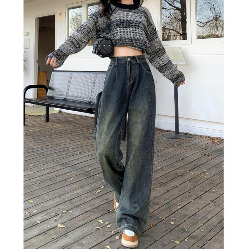 Sweet and Spicy Korean Version of Cement Gray Denim Wide-leg Pants High Waist Loose and Thin Pleated Design Straight Mopping Pants
