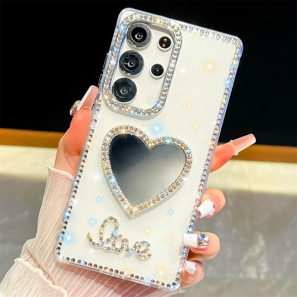 Handmade Sparkly Diamond Heart Mirror IMD Phone Case, Compatible with Samsung S23 Ultra/S24/S25 & A07/A15/A16/A17/A26/A35/A36/A55/A56
