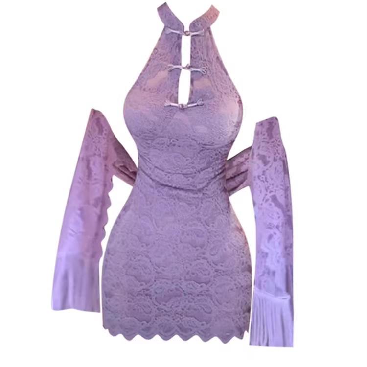 Fioletowa sukienka damska z koronką i dekoltem halter z szalem – nowa moda w stylu chińskim