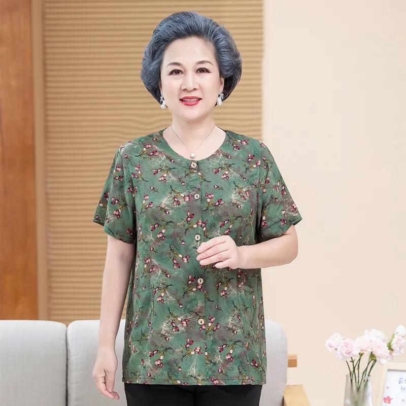 Elderly Women Floral Print Short Sleeve Casual Blouse XL