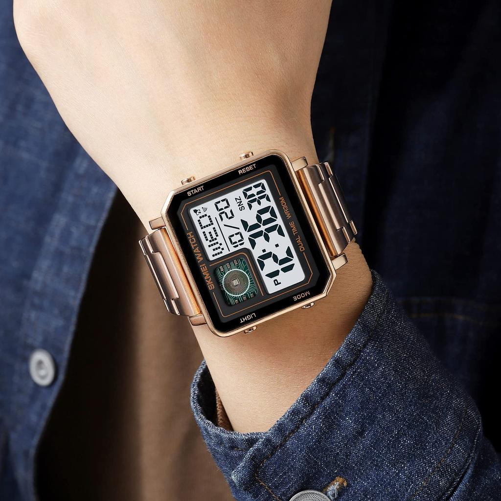 Reginald Watches for Men Fashion Trend Multifunction Outdoor Sports Watch LED Large Digital Display Chronograph Stainless Steel Square Watches