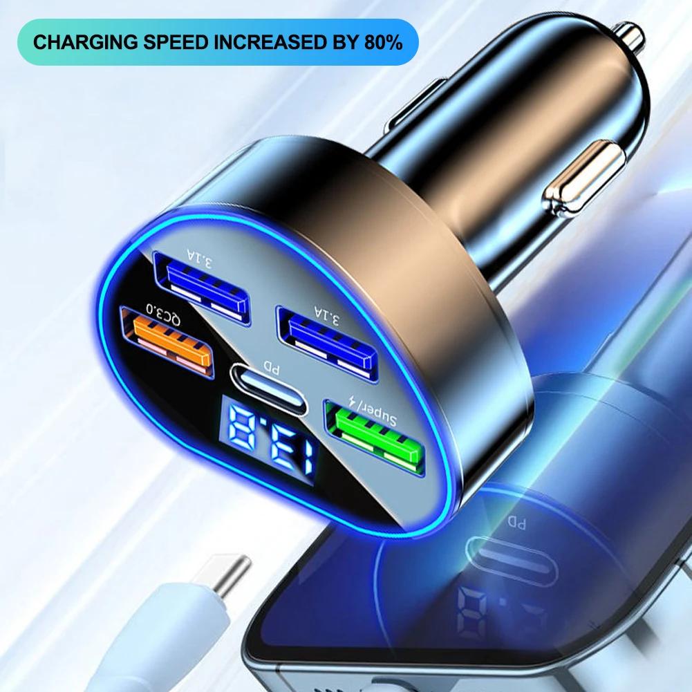 350W Car Phone Charger USB Type C Super Fast Charge in Car with LED Voltage Monitor for IPhone Samsung Huawei Oneplus Vivo Oppo