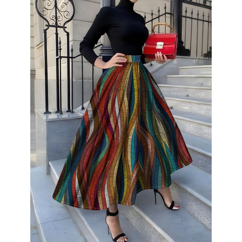 Printed Design four seasons casual style Colorful Striped Wavy Pattern Print half skirt