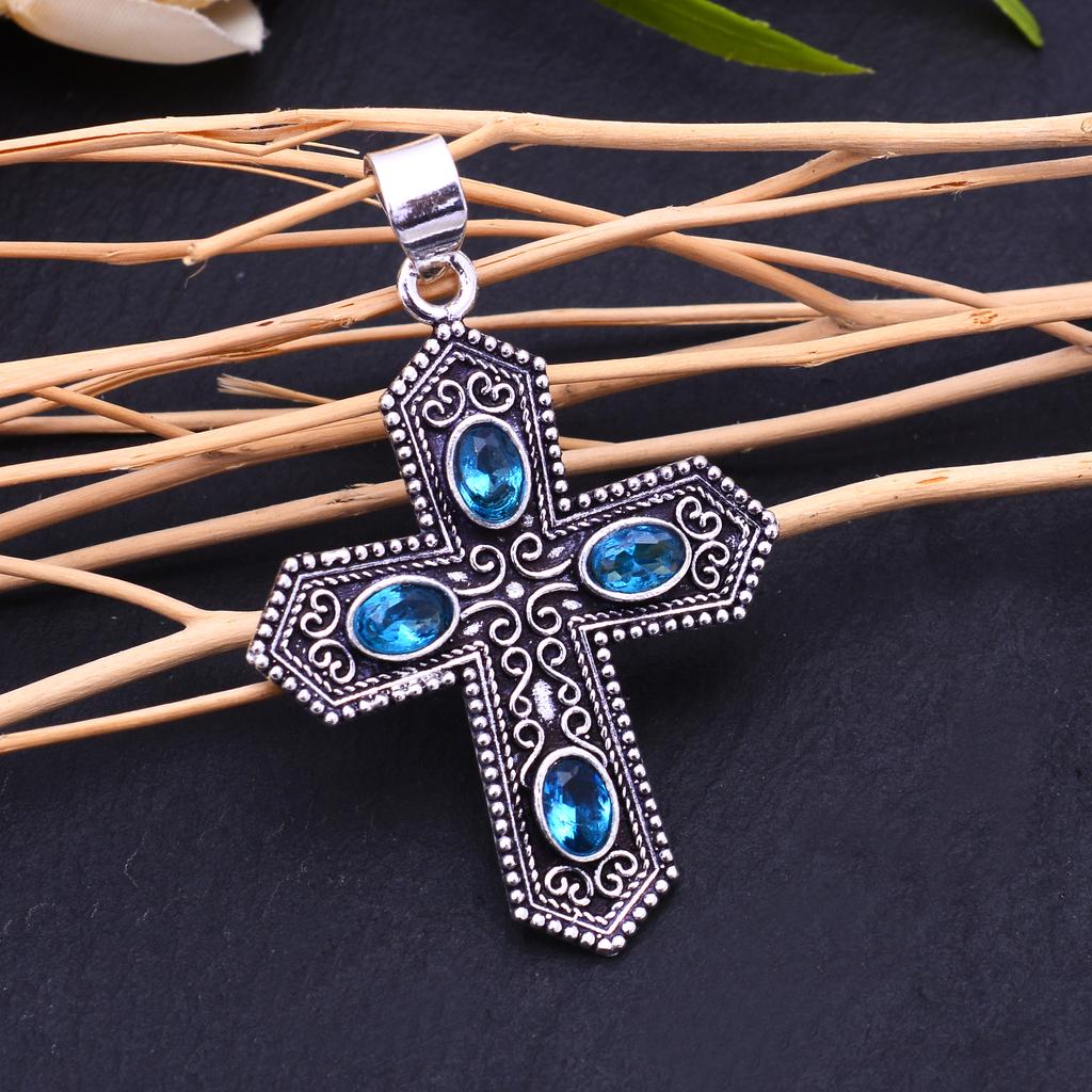 Natural Swiss Blue Topaz Gemstone Handmade 925 Sterling Silver Pendant 3" Q0K09