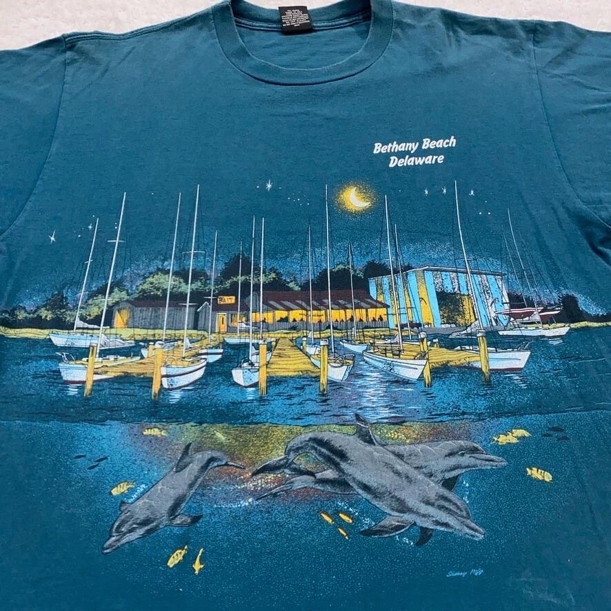 

vintage 90s BETHANY BEACH DELAWARE DOUBLE-SIDED T-Shirt LARGE/XL dolphin surf L