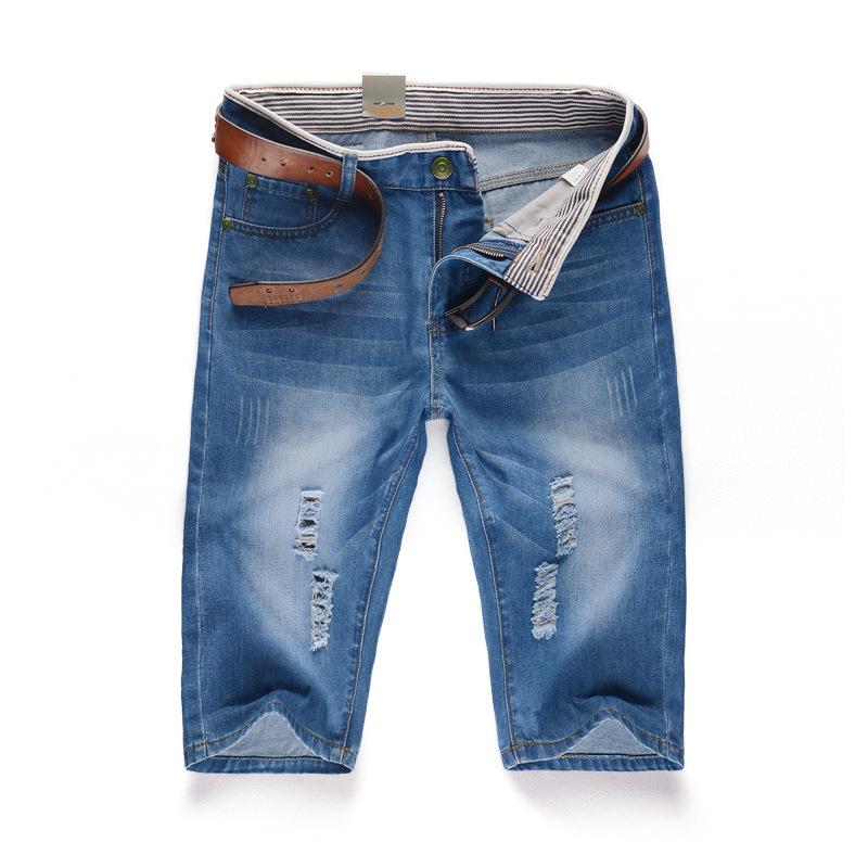 Summer Men's Personalized Washable Perforated Denim Pants Large Casual Middle Pants Straight Leg Slim Fit with Ripped Holes Shorts