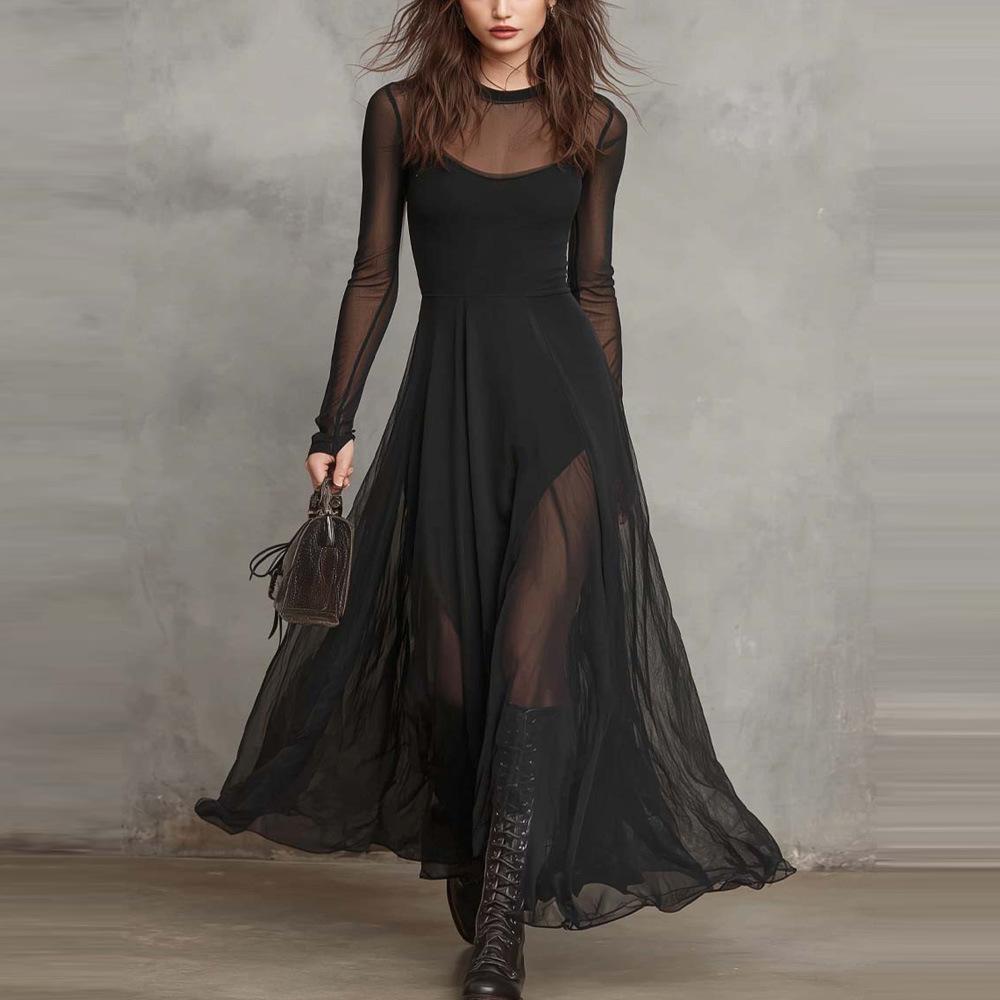 Women's Black Long Sleeve Sheer Mesh Panels Round Neck Maxi Dress