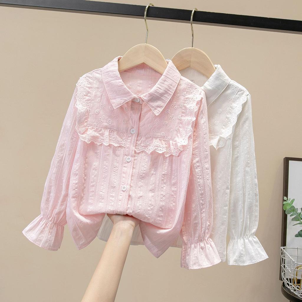 Mädchen Bluse Frühling 2023 Neue kinder Lange ärmeln Spitze Tops Kinder Weiß Revers Strickjacke T-shirt