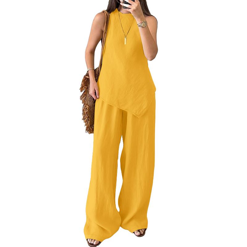 

ZANZEA Женские топы без рукавов и брюки Летние костюмы-двойки 5XL жёлтый