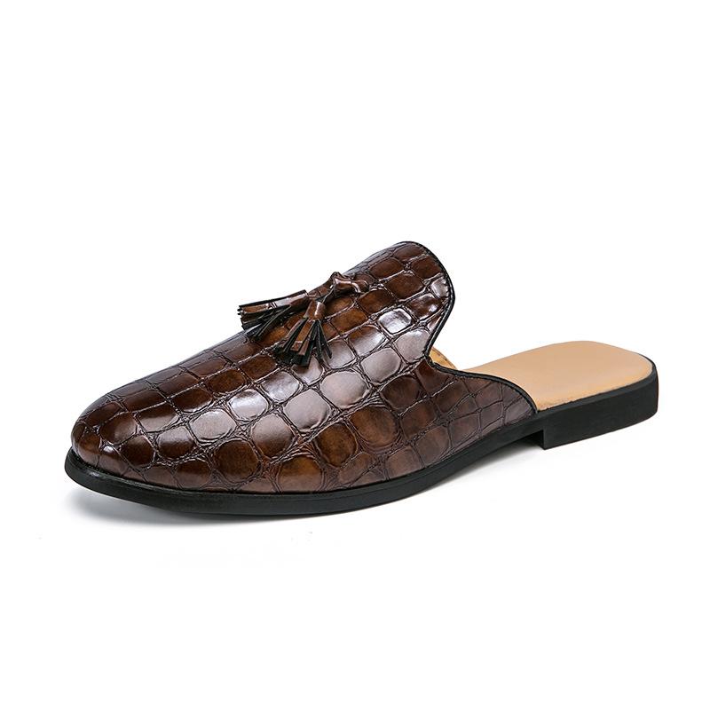 New British Fitting Room Half-tray Leather Shoes, Foot Cover Tassel Block Flower Leather Shoes, Men's Casual Slippers, Leather Shoes