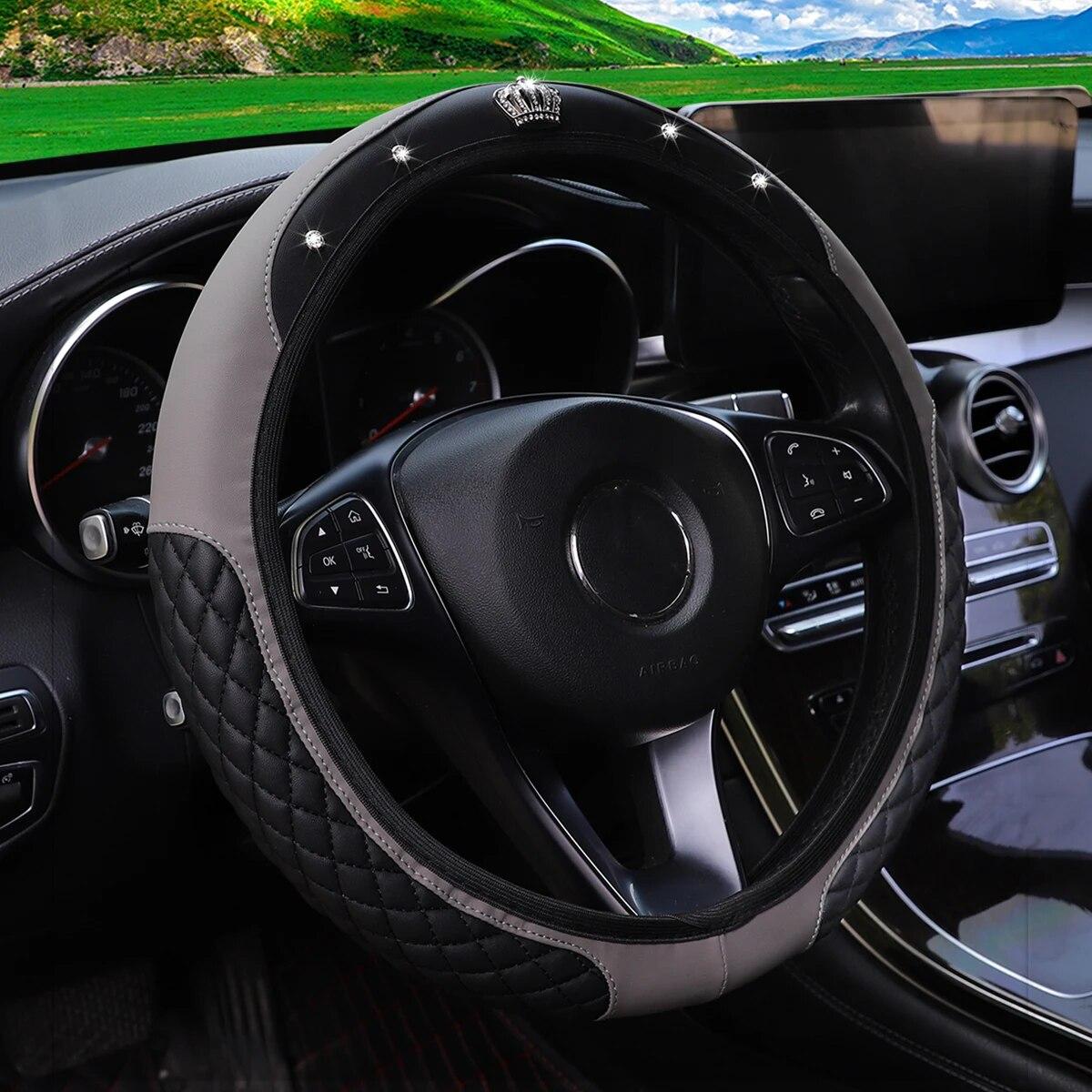 

Leather Artificial Diamond Crown Car without Inner Ring Steering Wheel Cover Car Accessories Steering Wheel Size 14.5-15INCH серый