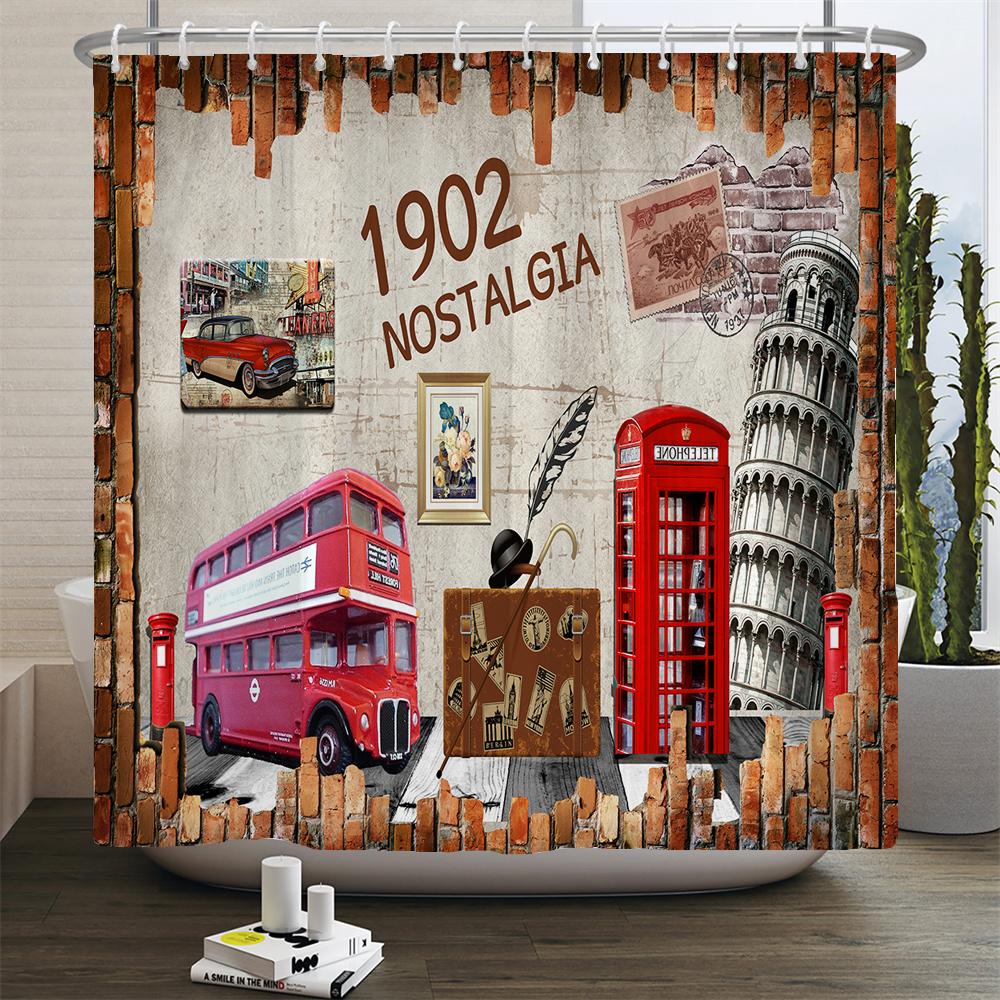 Retro Style 3d Print Shower Curtains Paris Tower Street View Telephone Booth Bath Curtain Waterproof Polyester Bathroom Curtain
