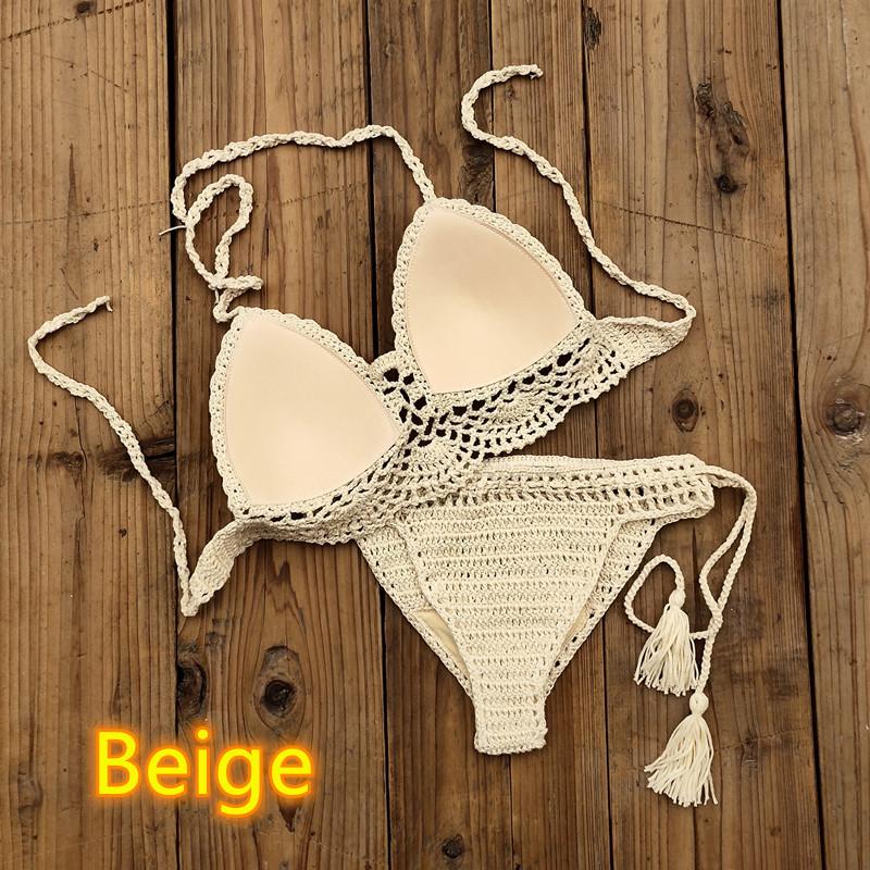 Europäisches und amerikanisches handgefertigtes Häkel-Bikini-Set, Strandbadeanzug, Bademode mit BH-Polstern M brown