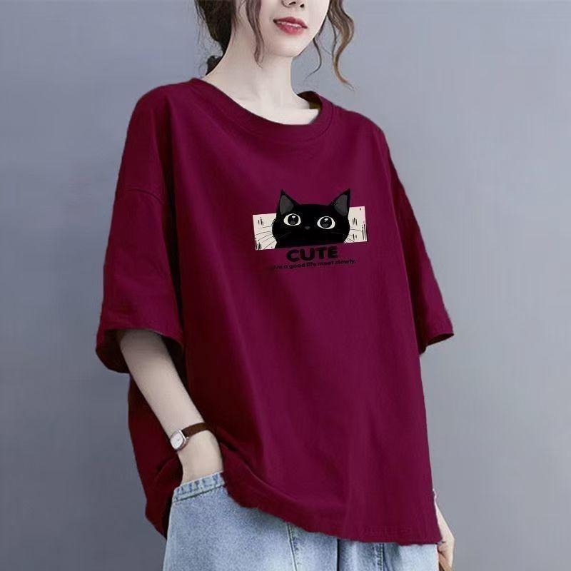 Cotton Short Sleeve T-shirt Women Loose Fashion Medium Sleeve Tops Summer Vintage T-Shirt