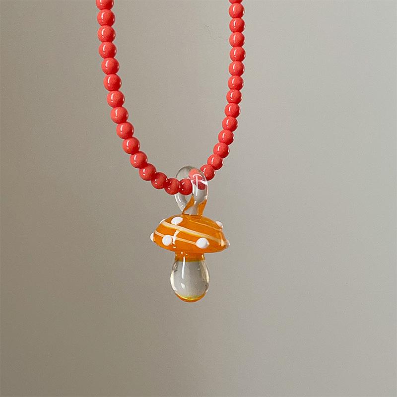 Glazed Beaded Resin Mushroom Pendant Necklace Simple Small Fresh Collarbone Chain Korean Ins Temperament Jewelry Women