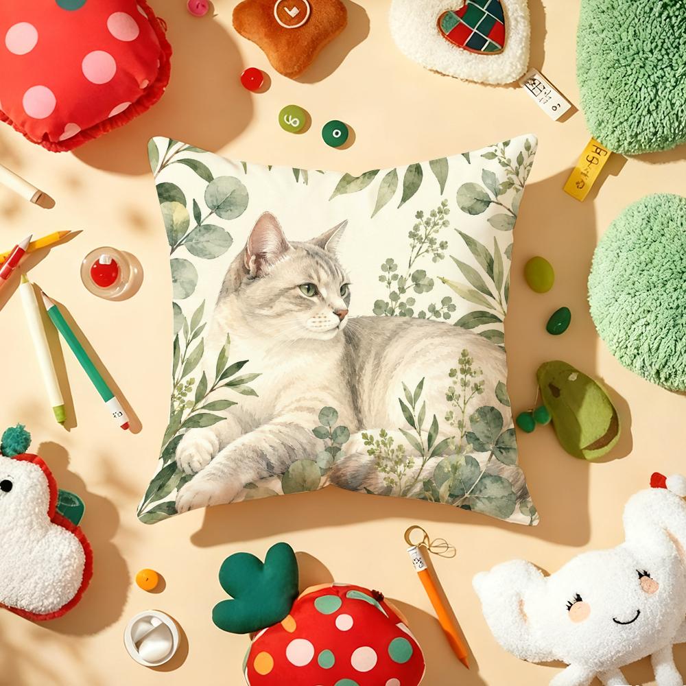 Tropical Jungle Flora Cat Cushion Cover Soft Short Plush DoubleSided Printing Home Decor Machine Washable Pillow Case Gift