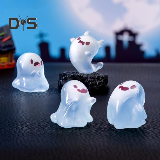 6Pcs Luminous Mini Resin Ghost Figurines Glowing Halloween Ornaments Small Ghost Micro Miniature Statue for Outdoor House Landscape Party