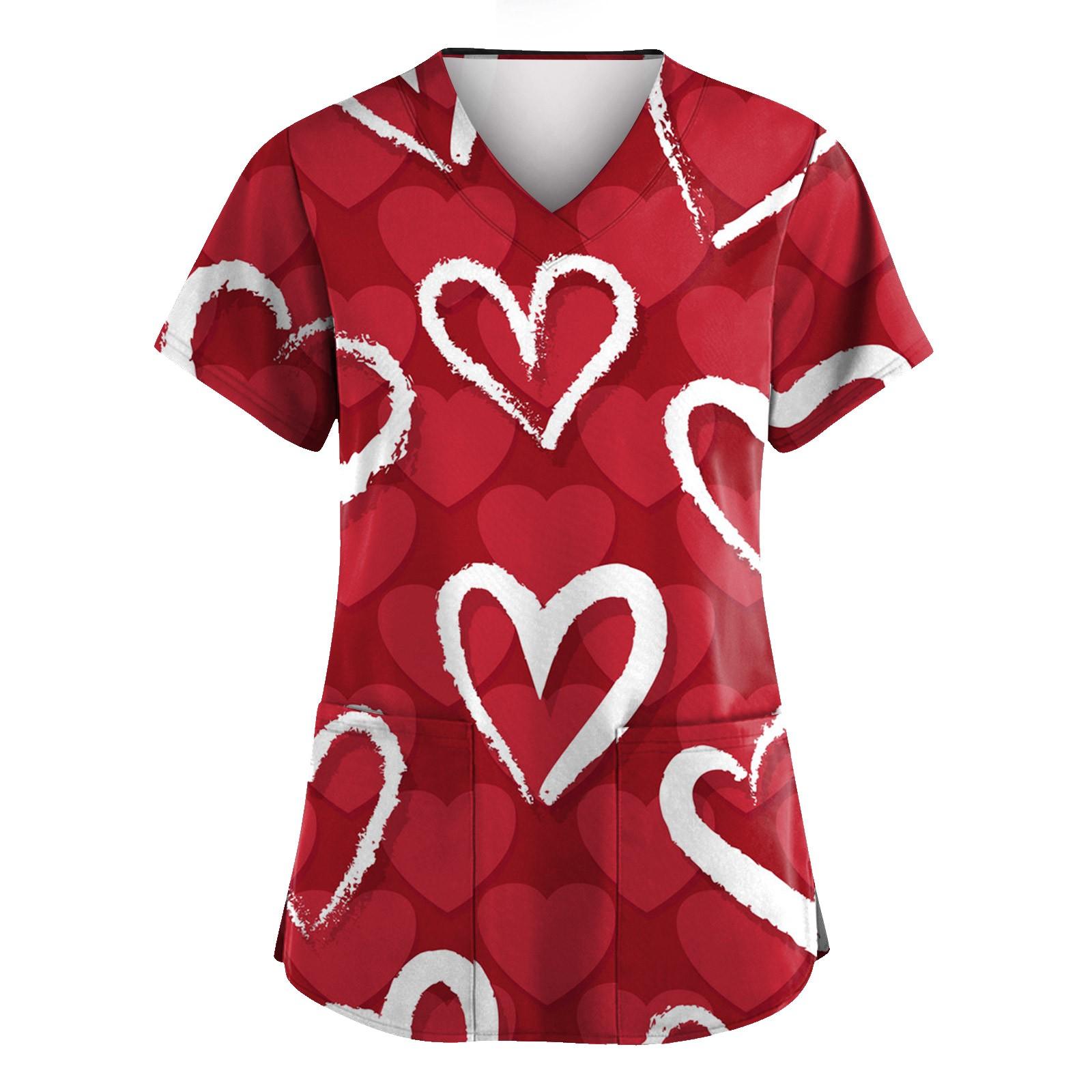 

Женская униформа с принтом ко Дню святого Валентина, свободная, с V-образным вырезом, карманом и коротким рукавом S