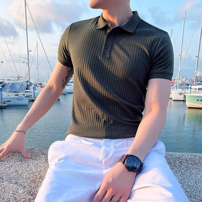 2024 Men's Trendy Striped Ice Silk Polo Shirt - Breathable, Comfortable, Short-Sleeve Lapel Tee for Summer