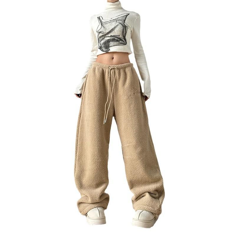 Women Fleece Lined Wide Leg Pants 2026 Winter Thick Loose Casual Straight Trousers