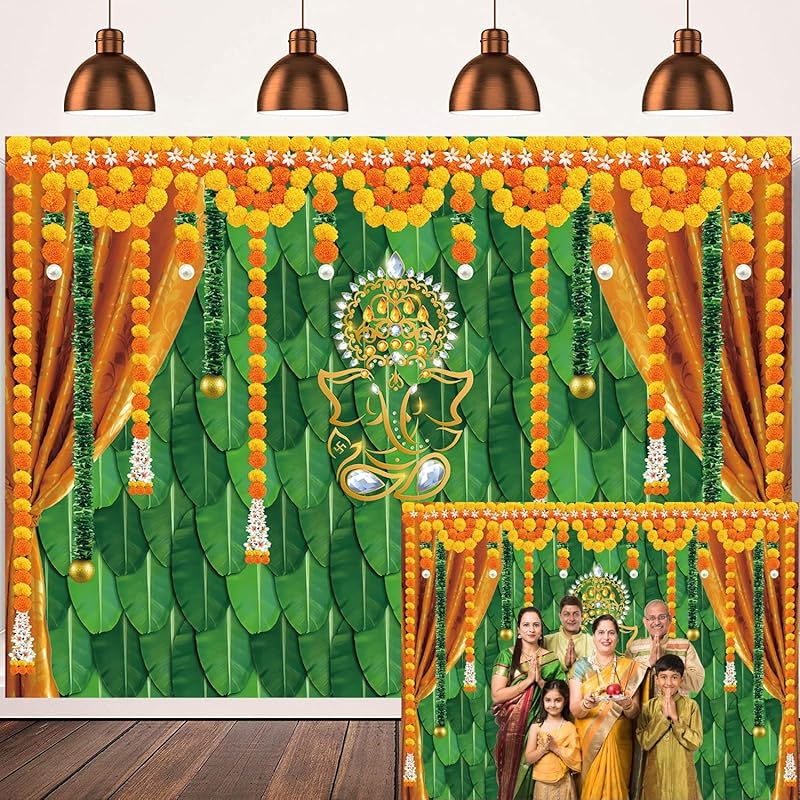 Indian Pooja Traditional Backdrop Diwali Ganpati Ganesh Marigold Puja Photography Background Green Banana Leaves Adult Religious Service Weeding