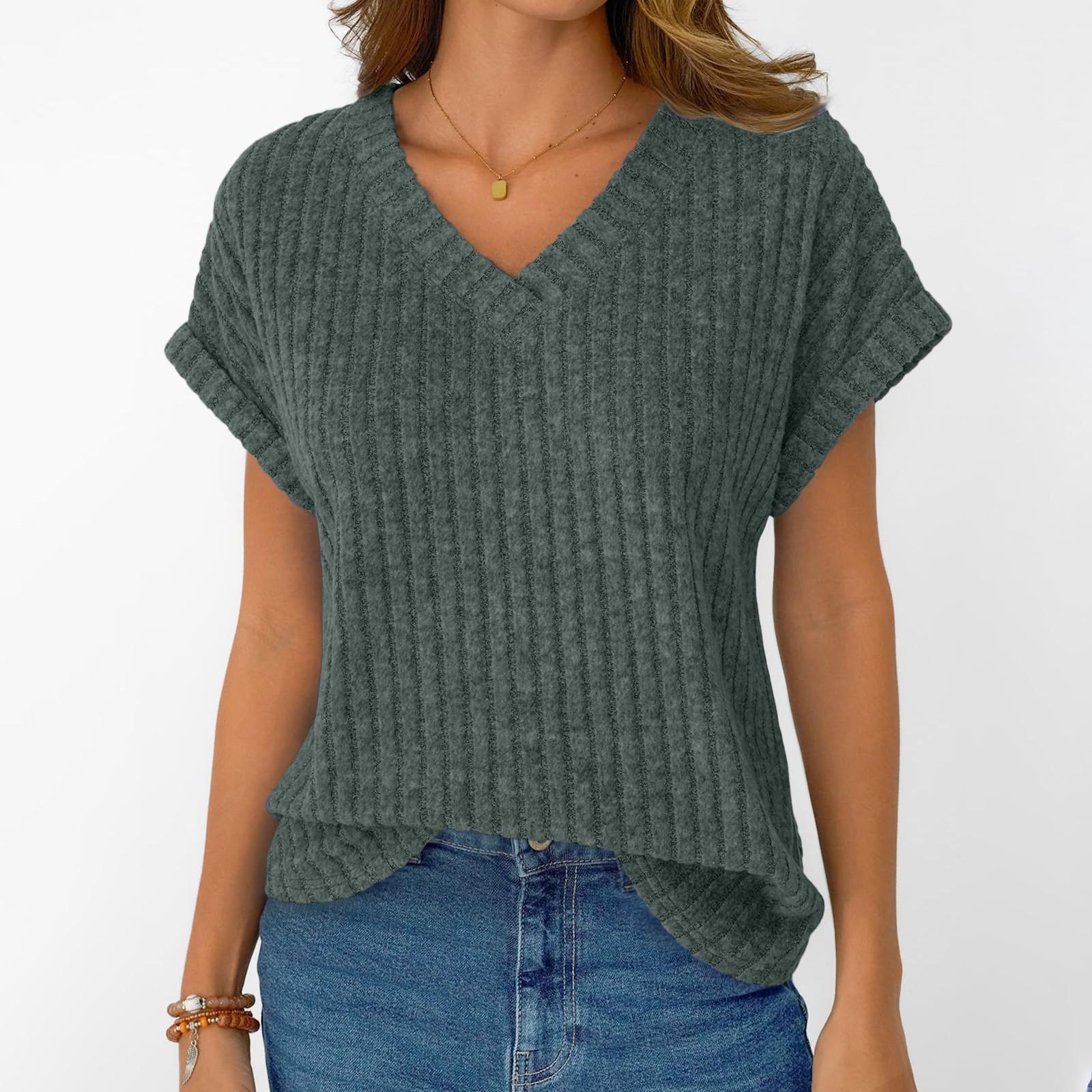 

Женская мода повседневный короткий рукав V-образный вырез тонкий полосатый топ L армия зеленый