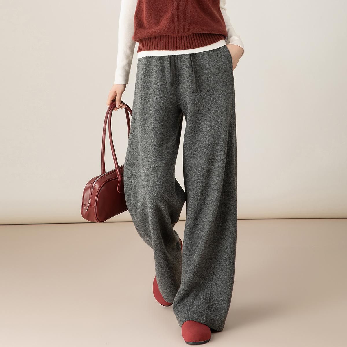 Women s Drawstring High Rise Wide Leg Sweatpants Loose Fit Drapey Wool Blend Warm Lined Casual Trousers S серый