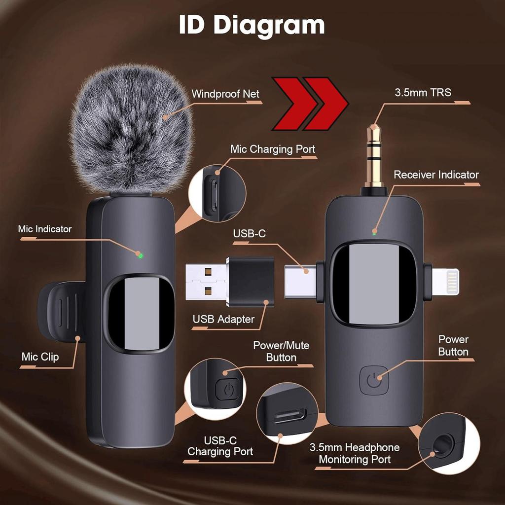 K15 Wireless Lavalier Microphone - 3-in-1 Noise Reduction Mic for Android, Video, Live Streaming (3.5mm)