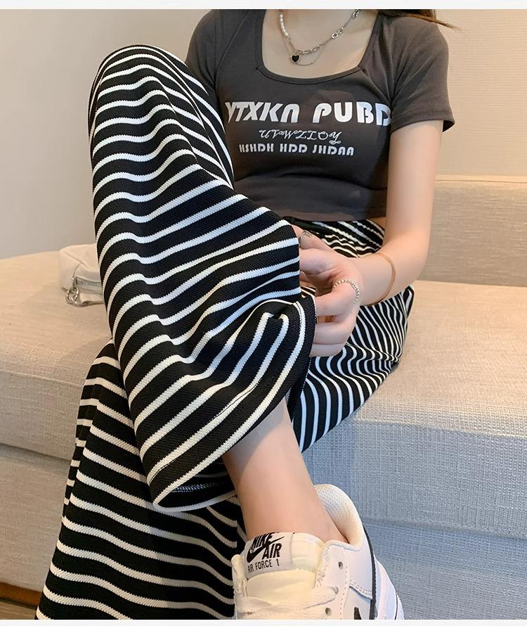 Petite High Waist Zebra Striped Wide Leg Knit Pants - Black & White, Women's Spring/Autumn