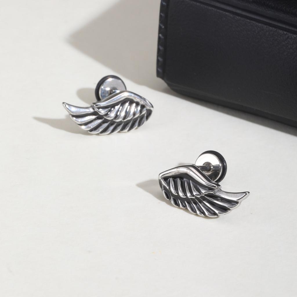 Punk Wings Earrings for Men Boys,Retro Grey Stud Earrings,Hiphop Zircon Gifts