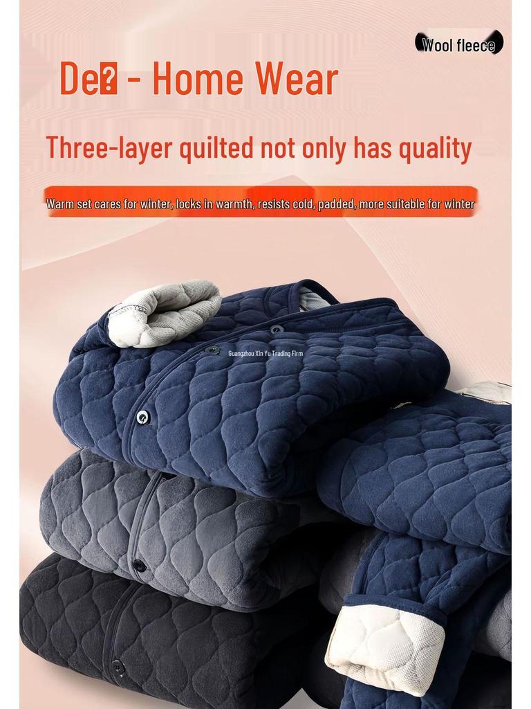 Men's Cozy Winter Underwear Set: Velvet-Lined Cardigan Jacket, Autumn Long Johns for Dad & Grandpa