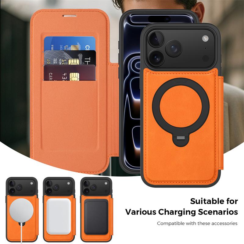 luxury PU Leather Card Wallet Flip Case For iPhone 12 13 14 15 16 17 Pro Max Magnetic Magsafe 360 Rotat Metal Ring Bracket Cover