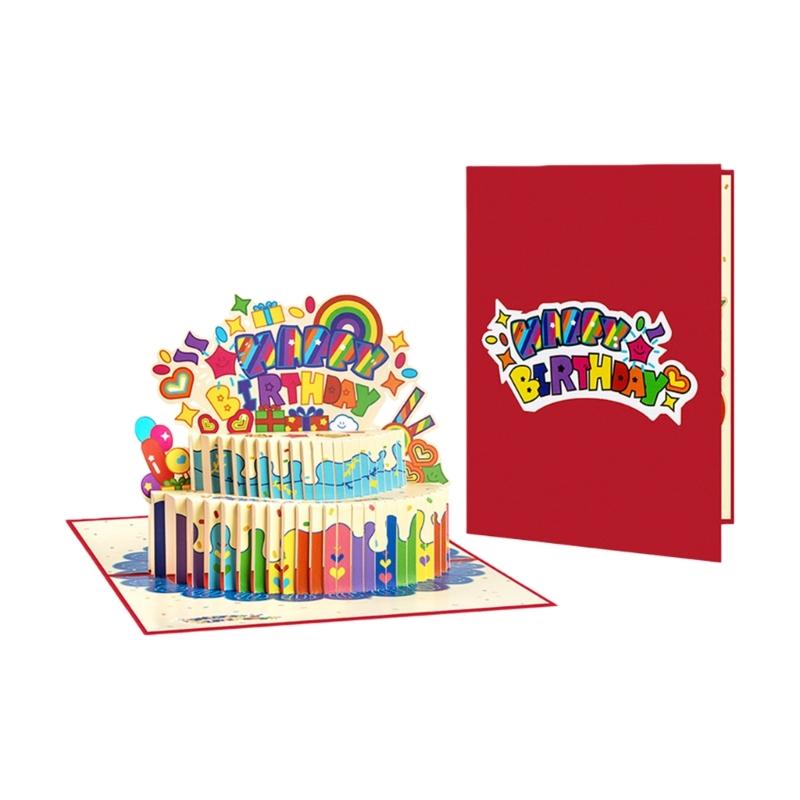 

Handcrafted Colorful 2 Layers Cake Popup Birthday Greeting Card with Envelope Handmade Invitation Card for Women красный