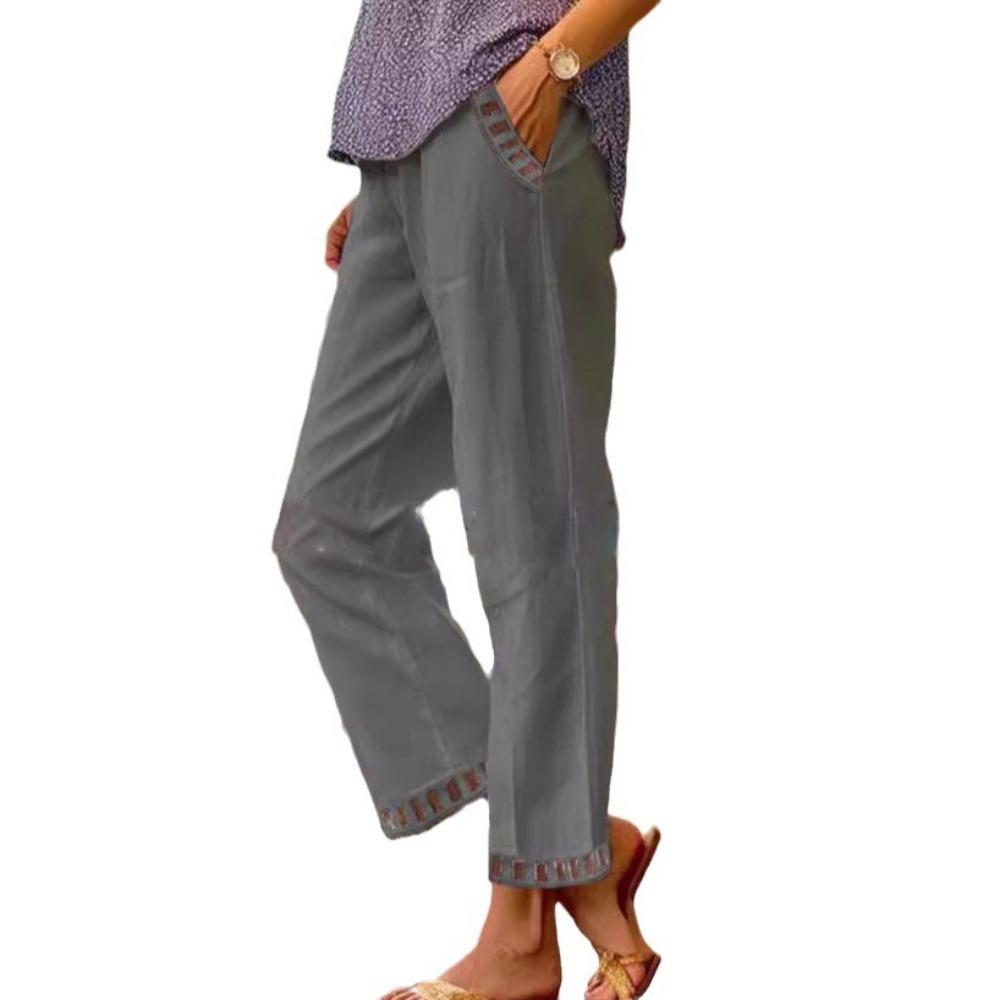 

Винтажные повседневные брюки из хлопка и льна с эластичной талией и праздничным дизайном S серый