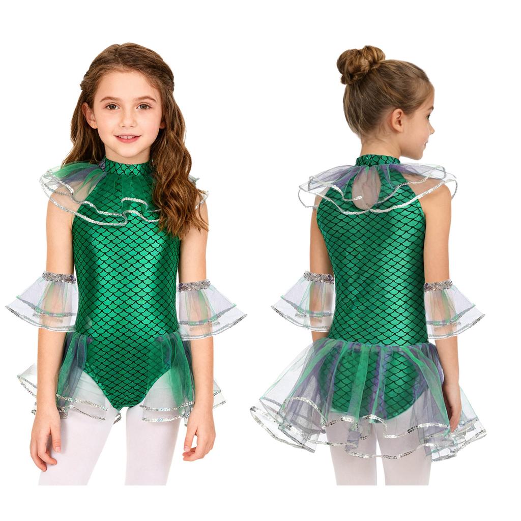 Kids Girls Mermaid Cosplay Costume: Sleeveless Mesh Sequins Bodysuit with Fish Scales Print & Arm Sleeves for Halloween Party