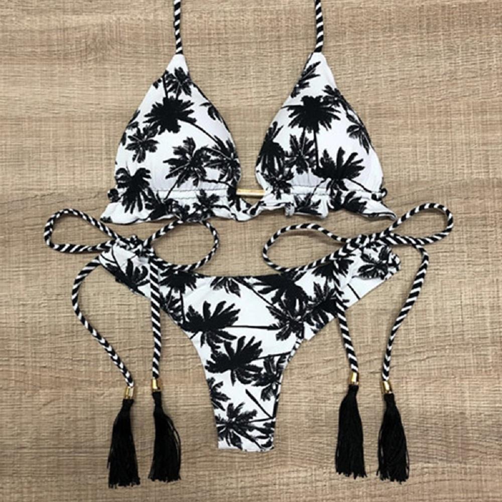 

Sexy Black And White Coconut Tree Printed Bikini Sets Women Swimsuit Triangle Halter Swimwear Bathing Suit Brazilian L