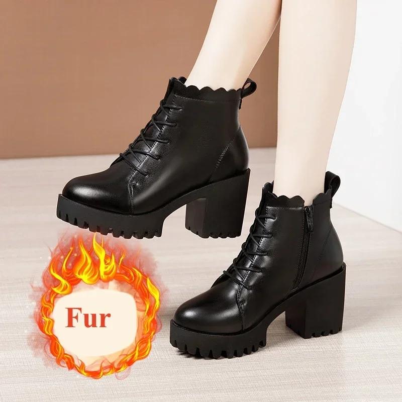 8cm Small Size 32-43 New Soft Leather Boots Platform Shoes Fall Winter 2025 Block High Heels Short Fur Ankle Boots Office Mom